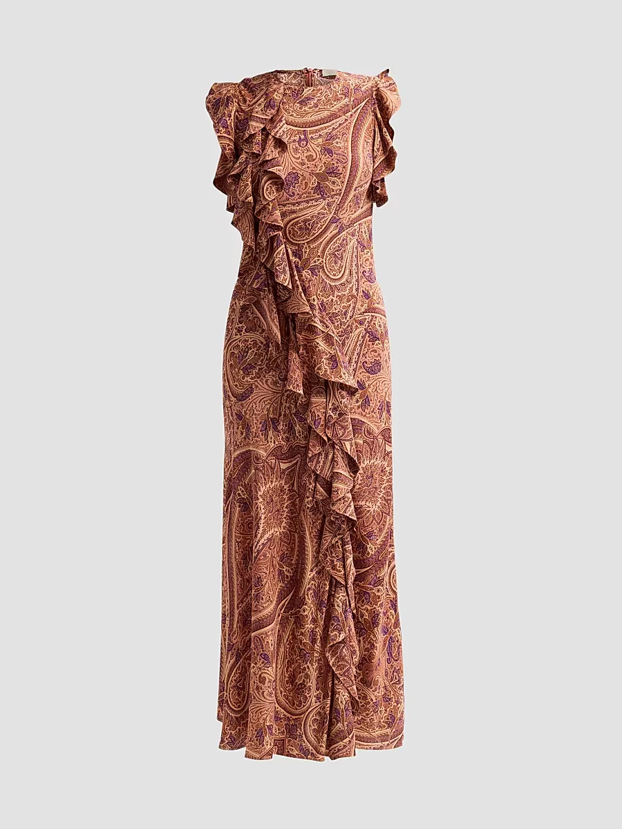 Ameline Ruffled Paisley Silk Midi Dress