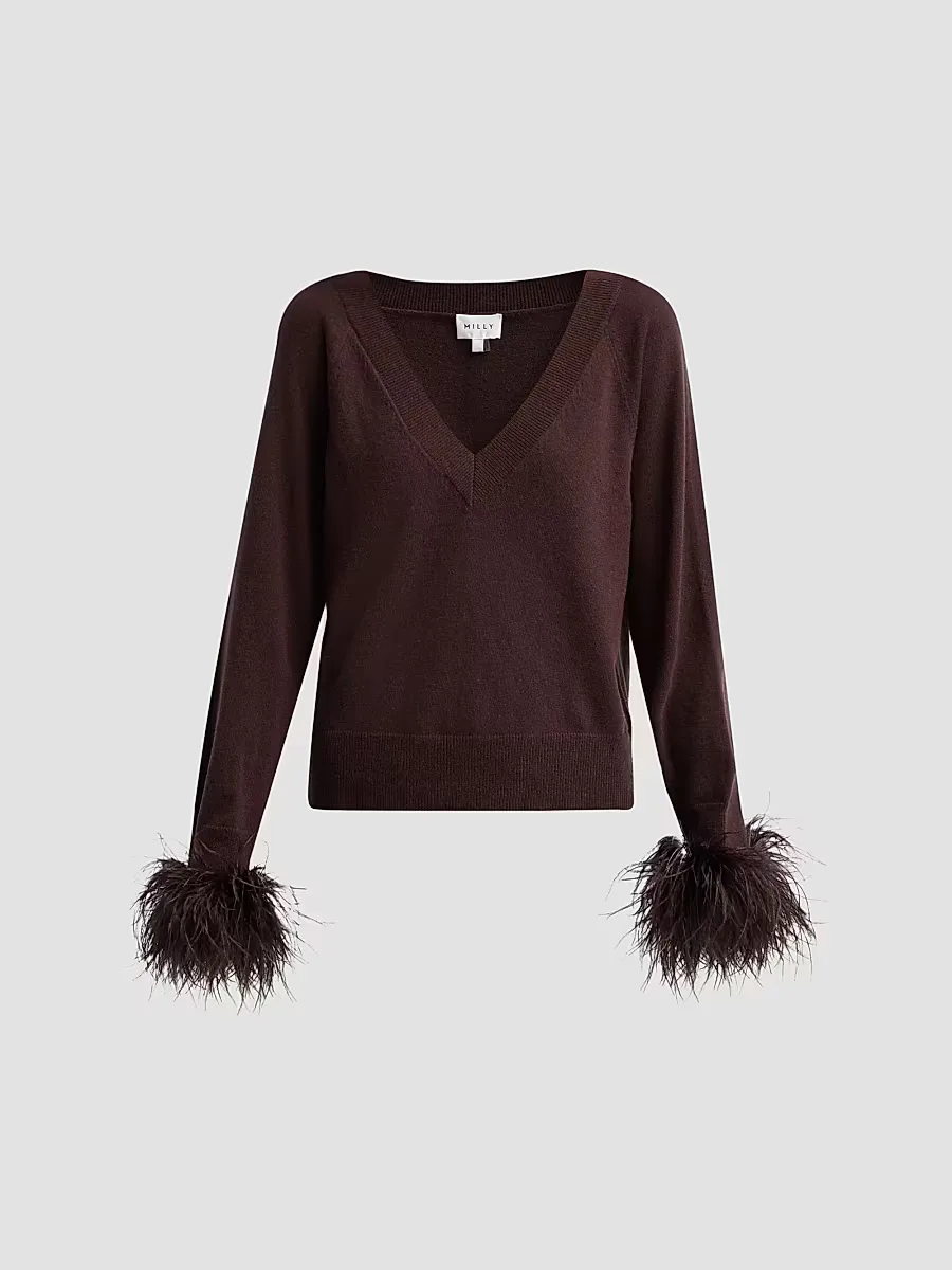Feather Cuff V-Neck Sweater by Milly