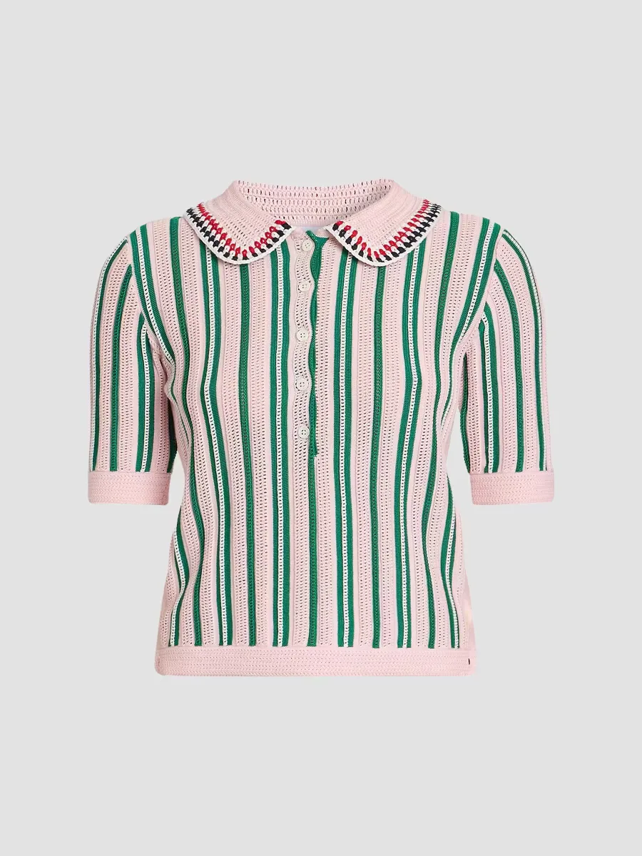 Crochet Variegated Striped Cotton Polo Top by Thom Browne