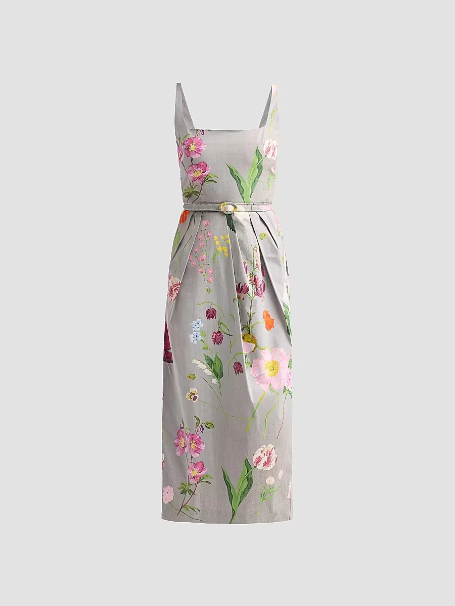 Mixed Botanical Pleated Stretch-Cotton Midi Dress by Oscar de la Renta