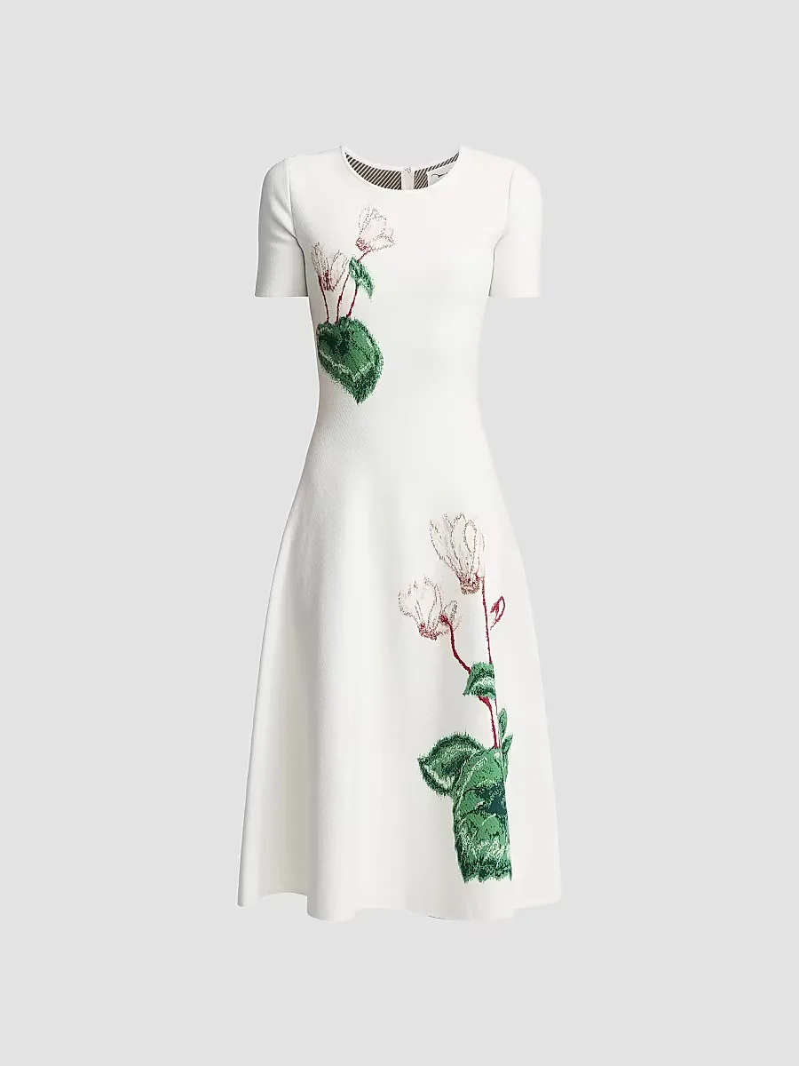 Cyclamen Short-Sleeve Fit & Flare Dress by Oscar de la Renta