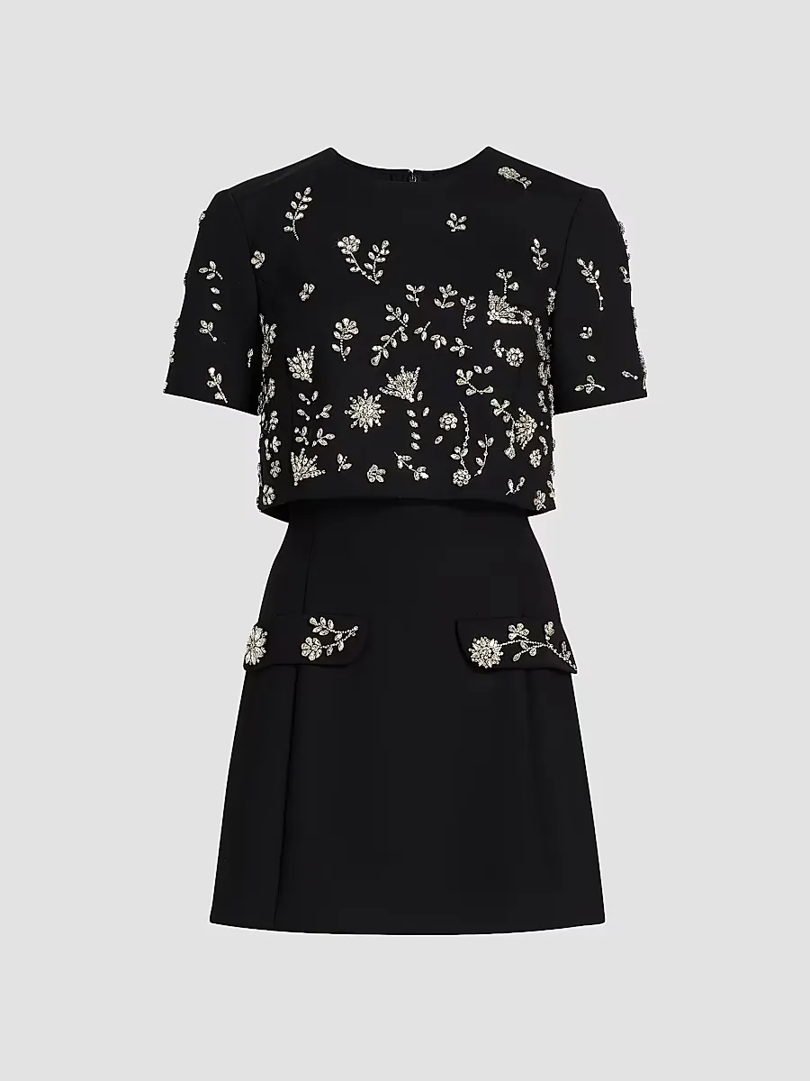 Crystal Floral-Embroidered Cocktail Minidress & Top Set by Oscar de la Renta