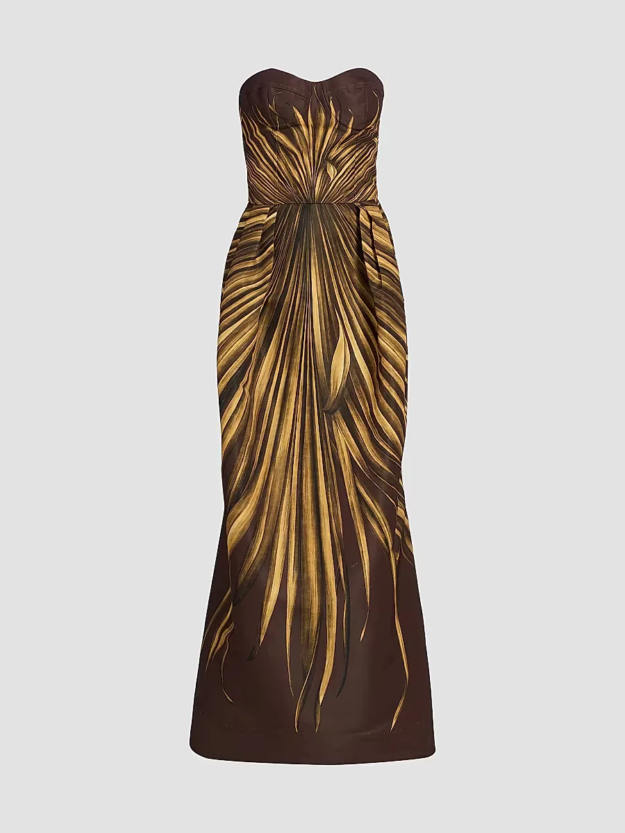 Palm Faille Sleeveless Bustier Gown by Oscar de la Renta