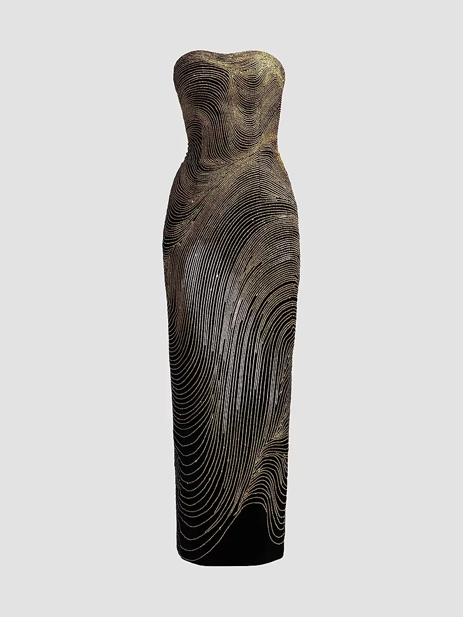 Bugle Waves Embroidered Strapless Cocktail Dress by Oscar de la Renta