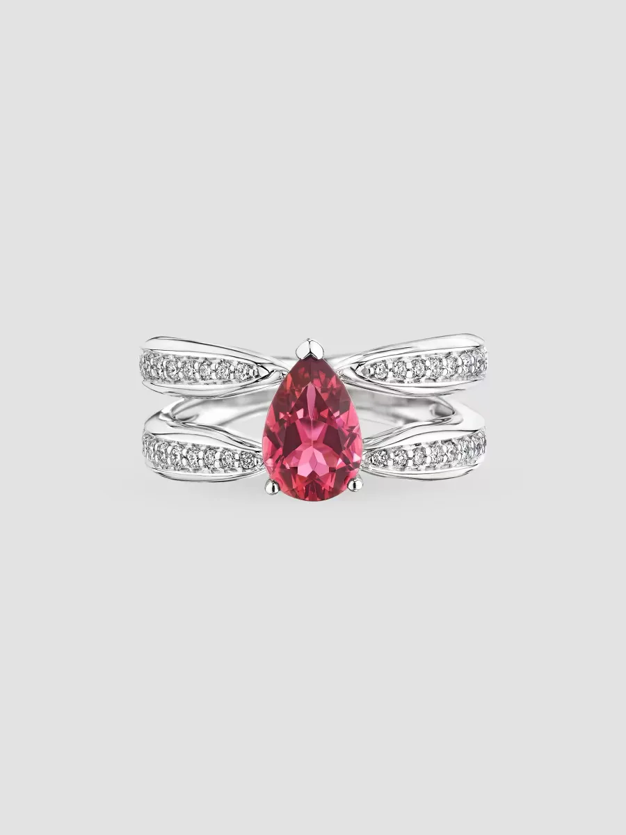 18K White Gold, Pink Tourmaline & 0.38 TCW Diamond Ring by Hueb