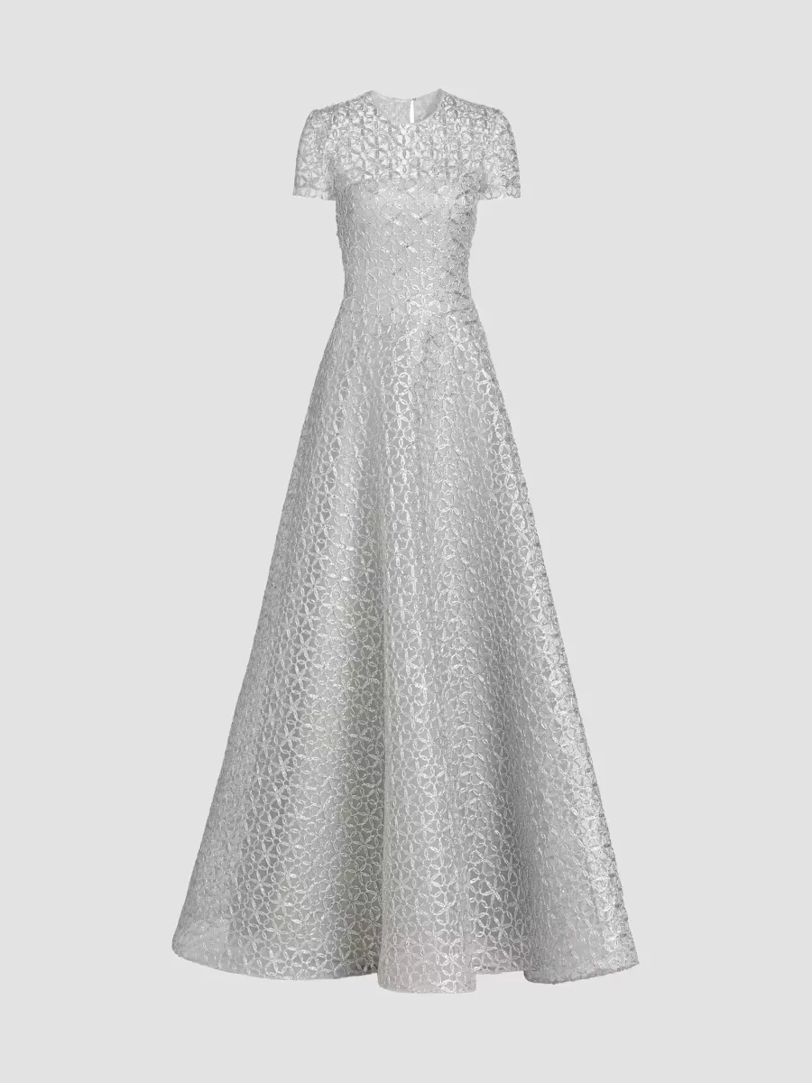 Metallic Floral Embroidered Short-Sleeve Gown by Naeem Khan