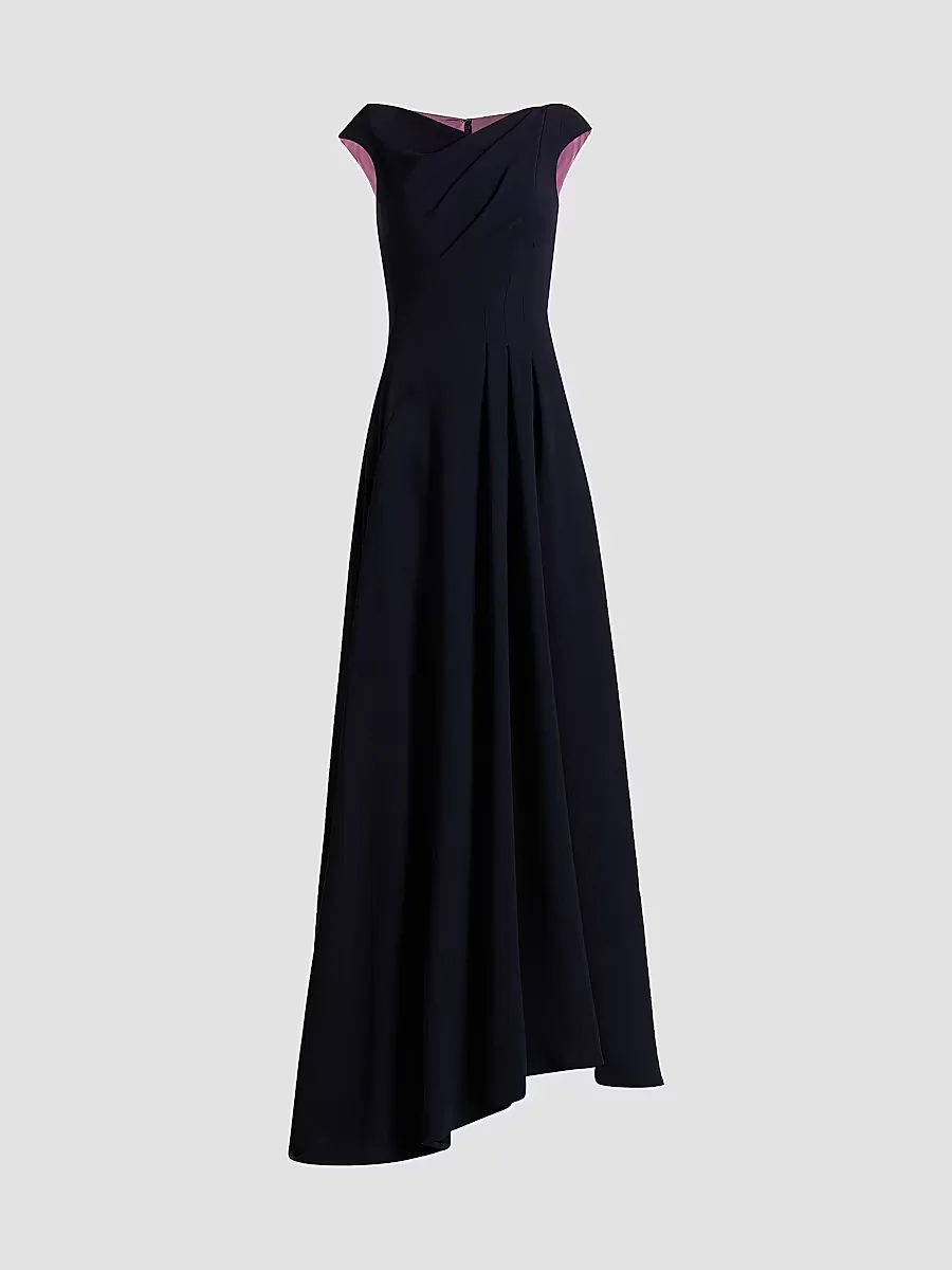 Pleated Cap-Sleeve A-Line Gown