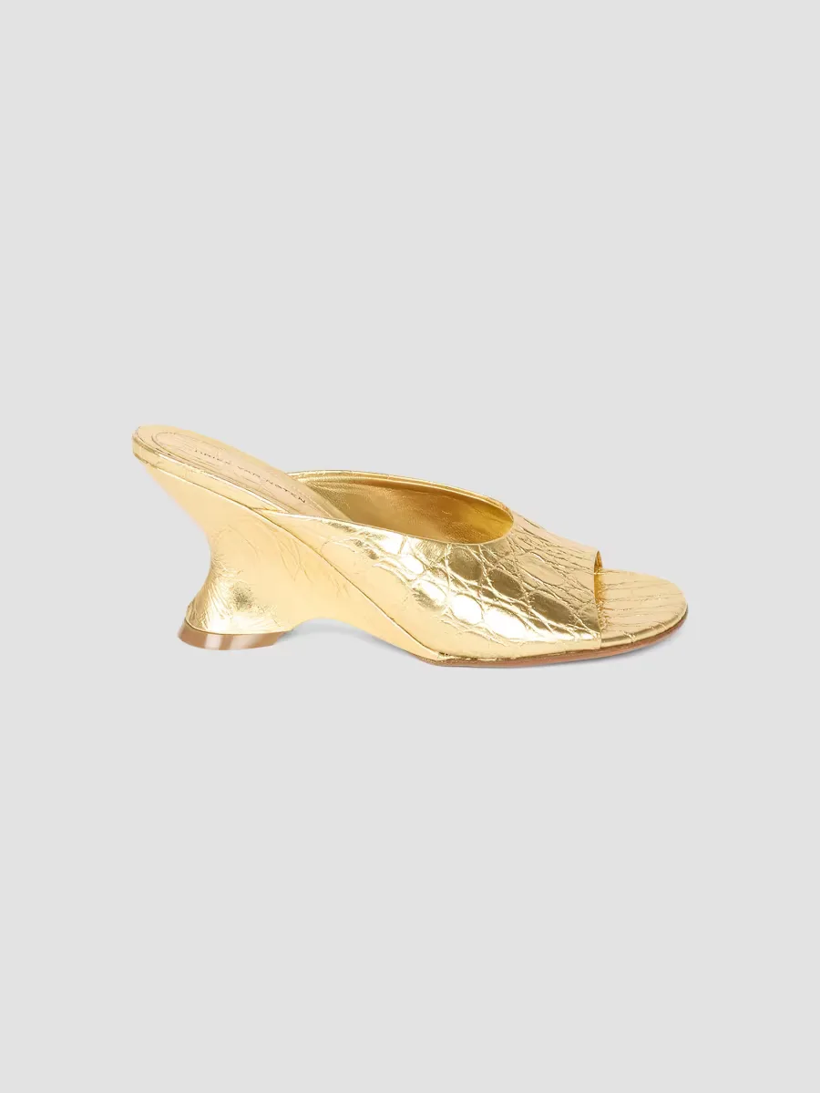 75MM Croc-Embossed Metallic Leather Wedge Mules by Dries Van Noten