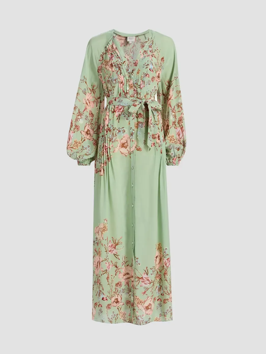 Floral Pintuck Maxi Shirtdress