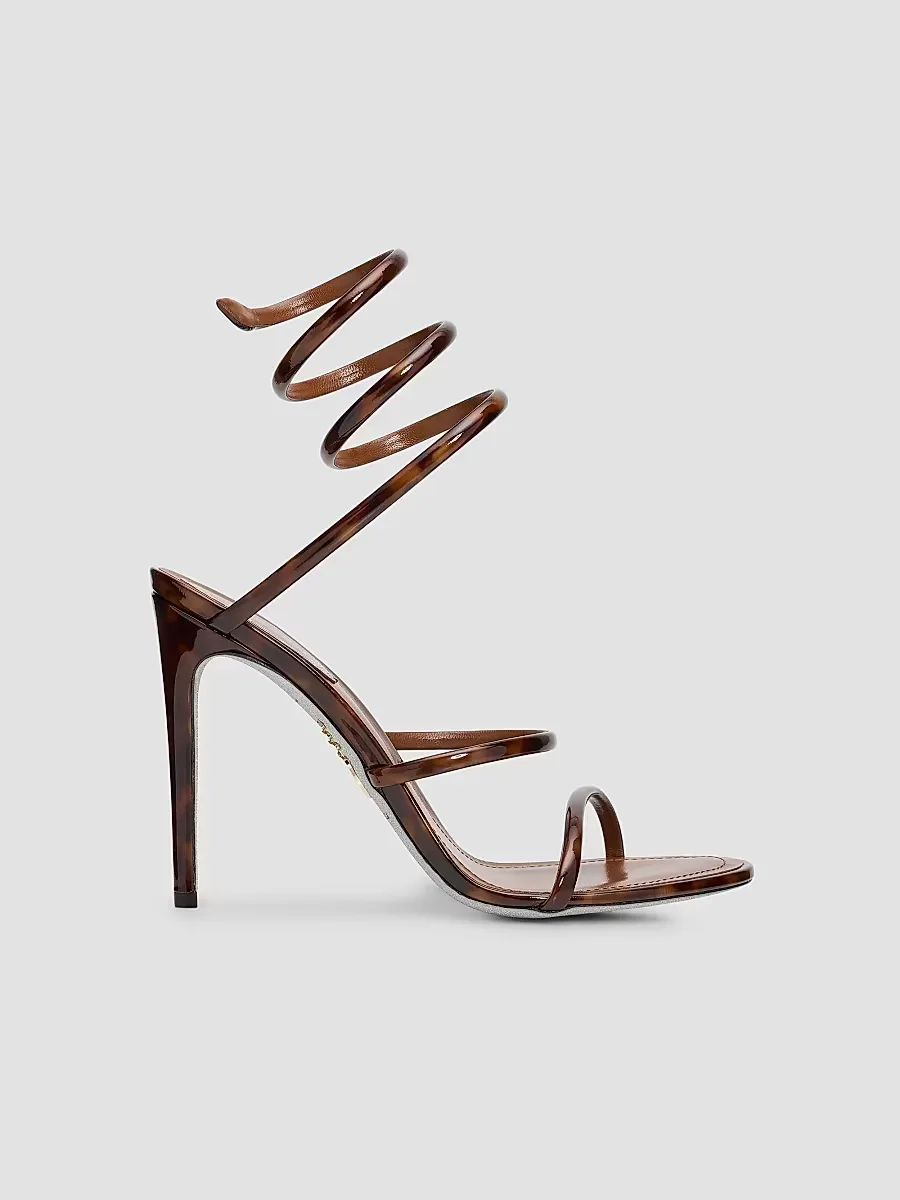 Tortoiseshell Patent Leather 105MM Snake-Wrap Sandals by Rene Caovilla