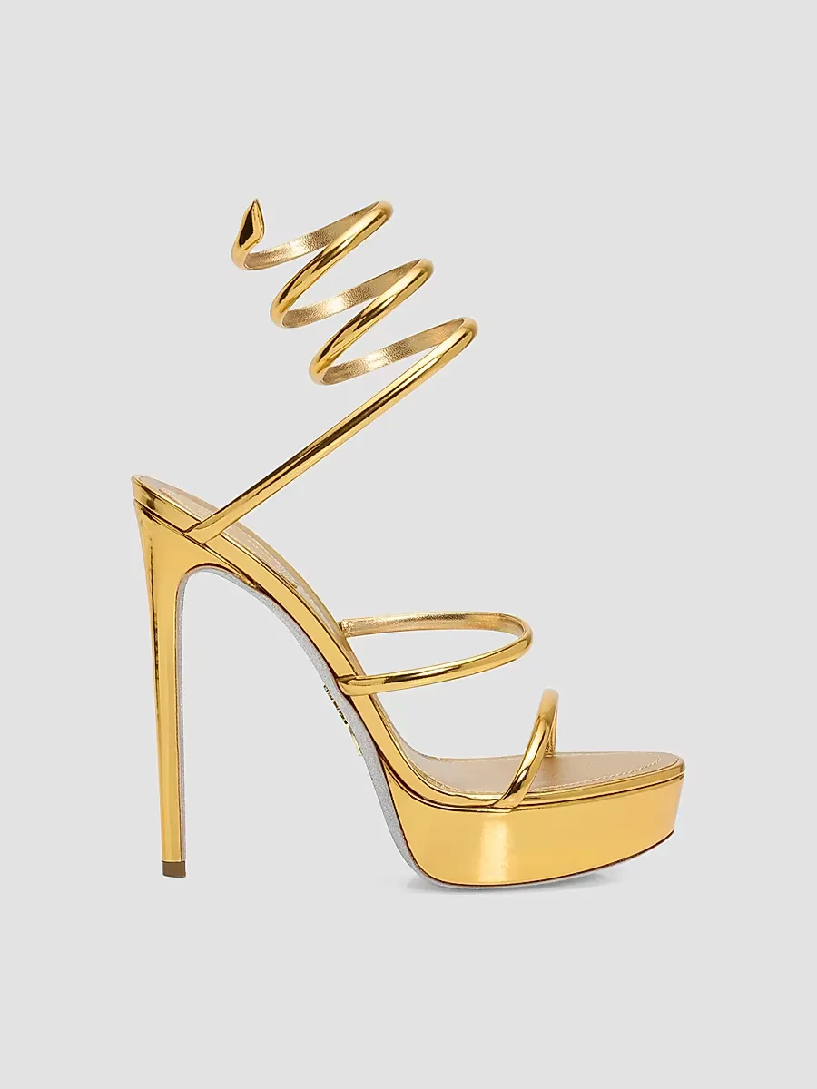 Metallic Leather 130MM Platform Snake-Wrap Sandals by Rene Caovilla