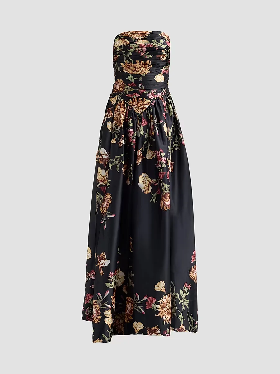 Floral Ruched Strapless Maxi Dress