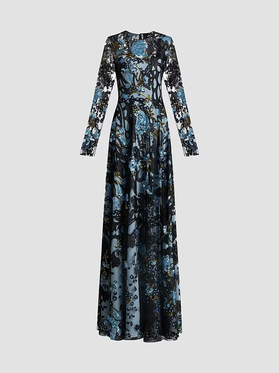Sequined Floral Lace Long-Sleeve Gown by Naeem Khan