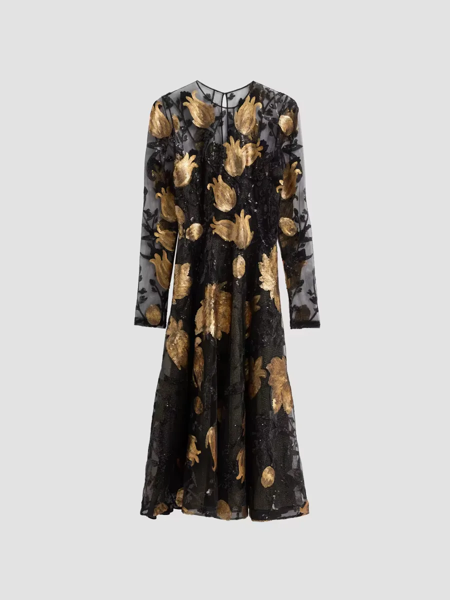 Sequined Lace Long-Sleeve Illusion Midi Cocktail Dress by Naeem Khan
