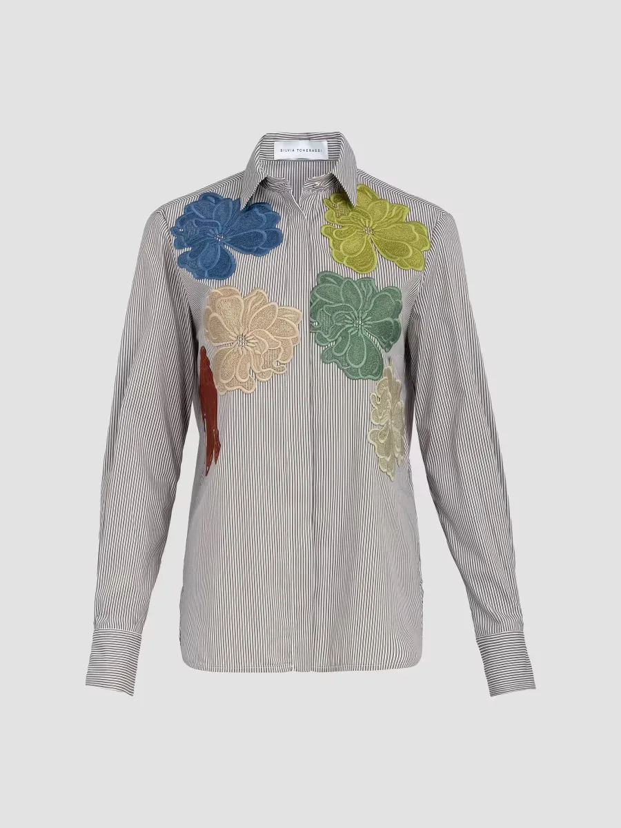 Warda Floral Embroidered Striped Cotton Shirt by Silvia Tcherassi