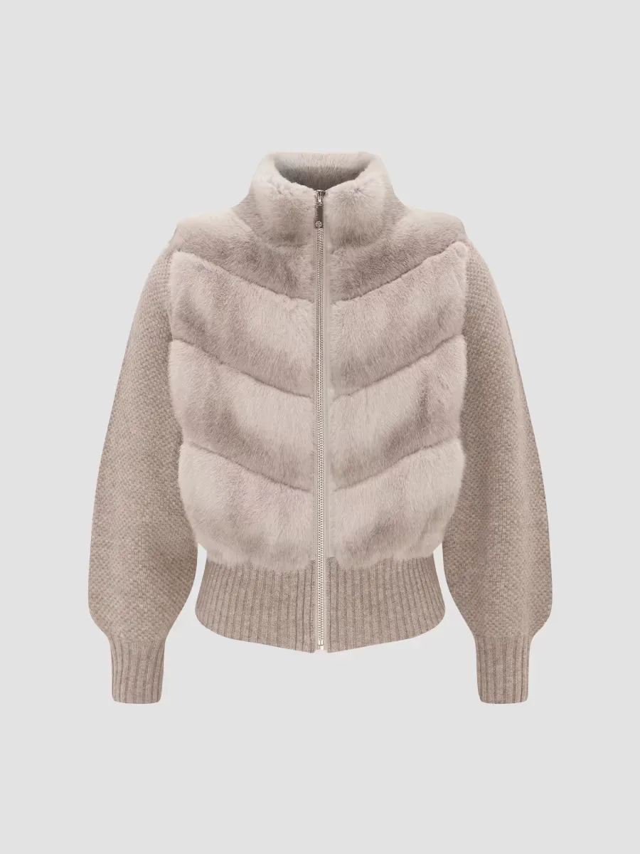 Faux Fur Mink Jacket with Knit Wool Sleeves