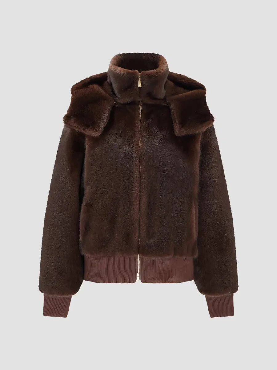 Faux Fur Mink Hooded Jacket with Knitted Cuffs and Bottom