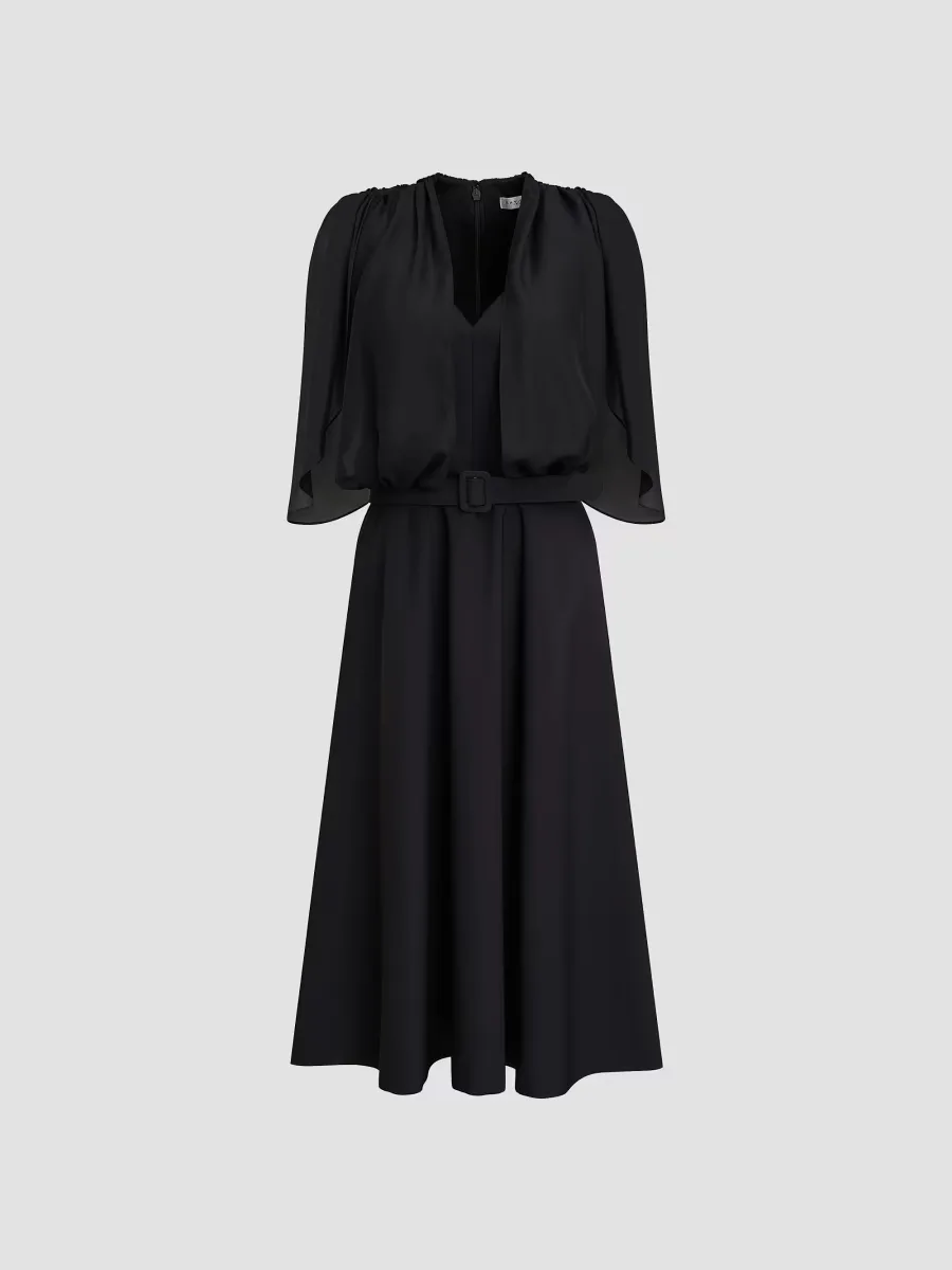 Deanna Crepe-Chiffon V-Neck Midi-Dress