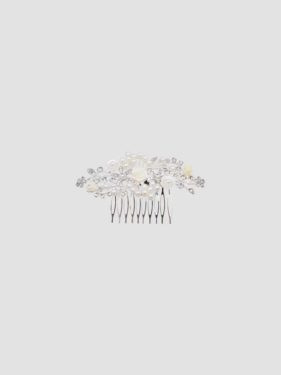 Rhinestone Pearl and Floral Hair Comb by Tulleen