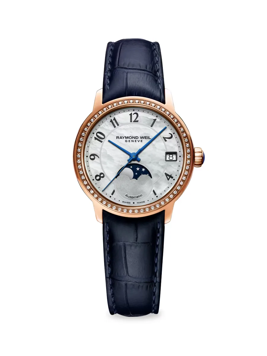 Maestro Moon Phase Diamond & Mother-Of-Pearl Leather Watch by Raymond Weil