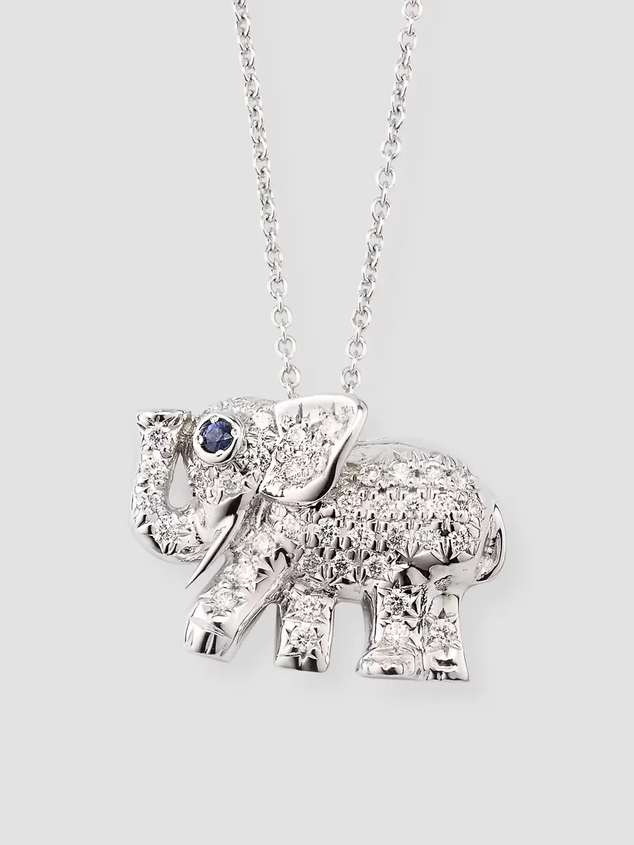 18K White Gold, 0.19 TCW Diamond & Blue Sapphire Elephant Pendant Necklace by Roberto Coin