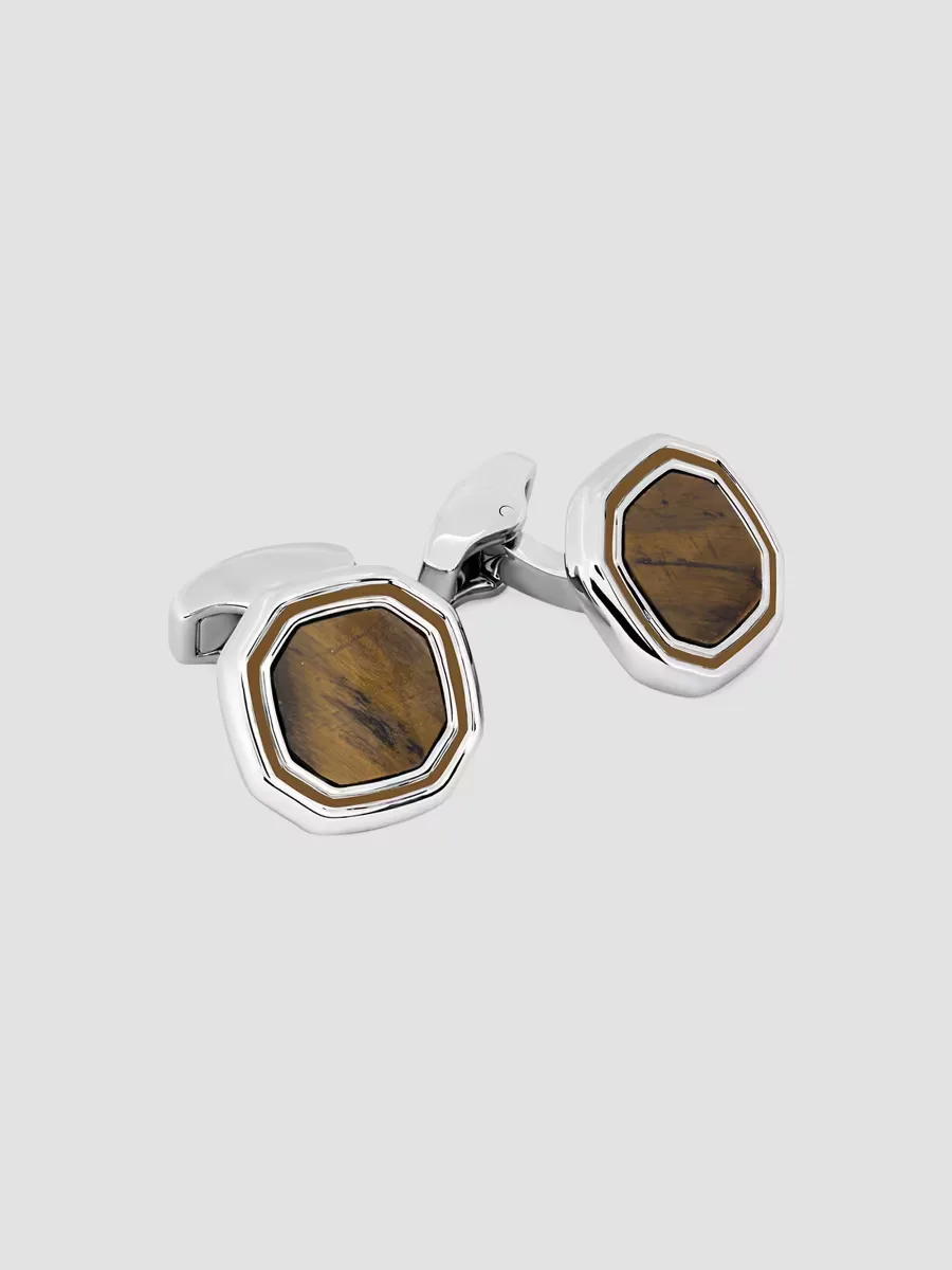 Tigers Eye & Rhodium-Plated Octagon Cufflinks by Tateossian