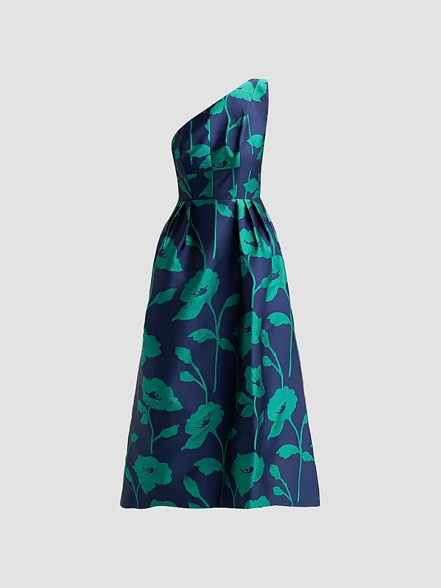 Tiara Floral Jacquard One-Shoulder Gown by Kay Unger