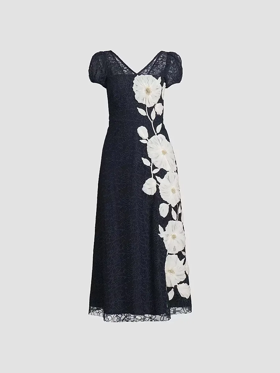 Layla Floral Embroidered Tea-Length Dress