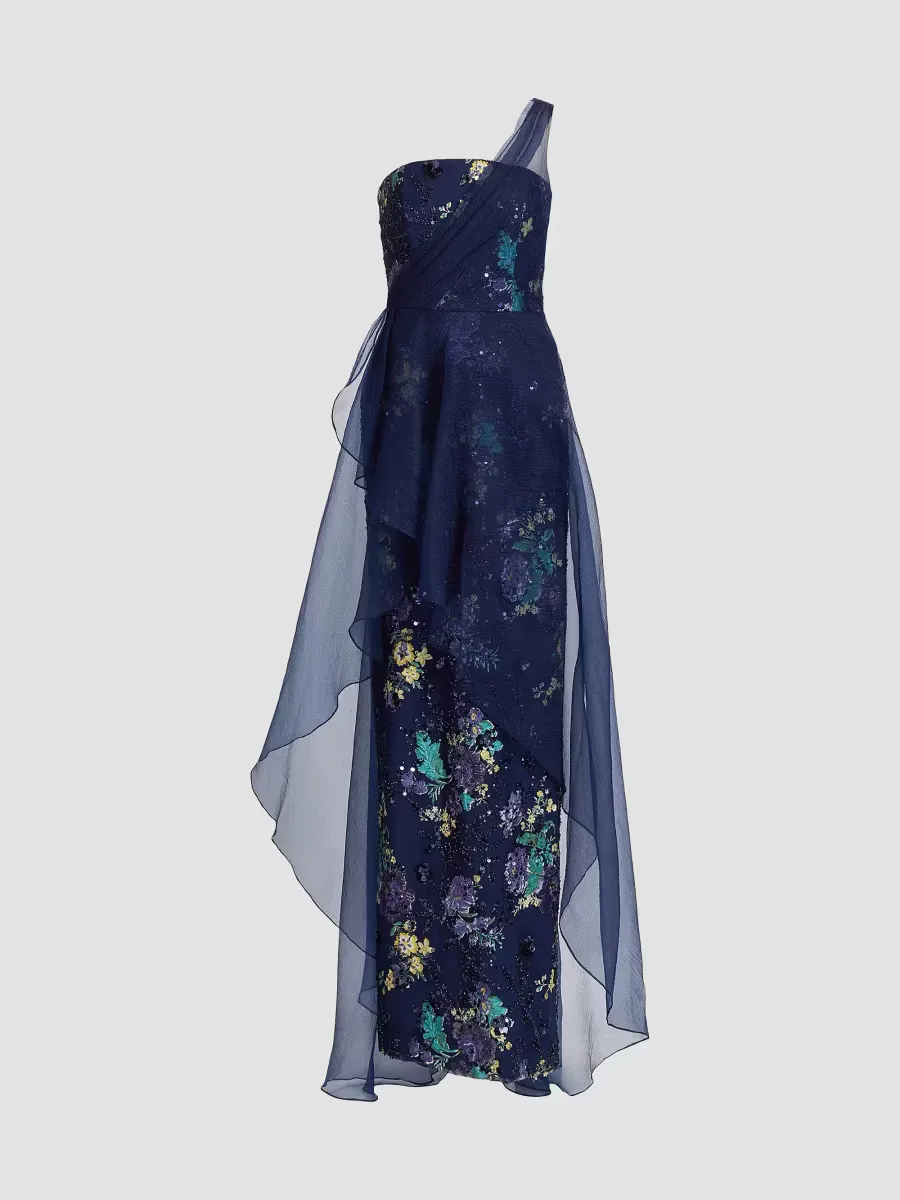 Noemi Floral One-Shoulder Column Gown