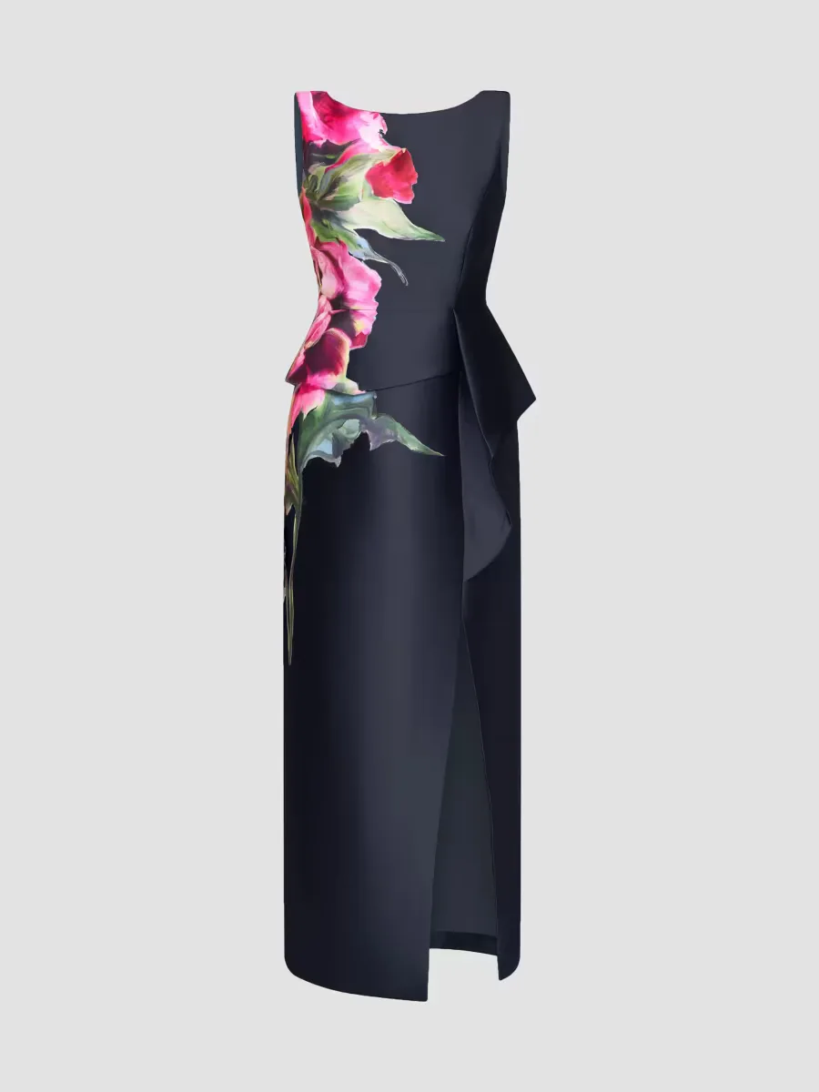 Luciana Satin Floral Column Gown by Kay Unger