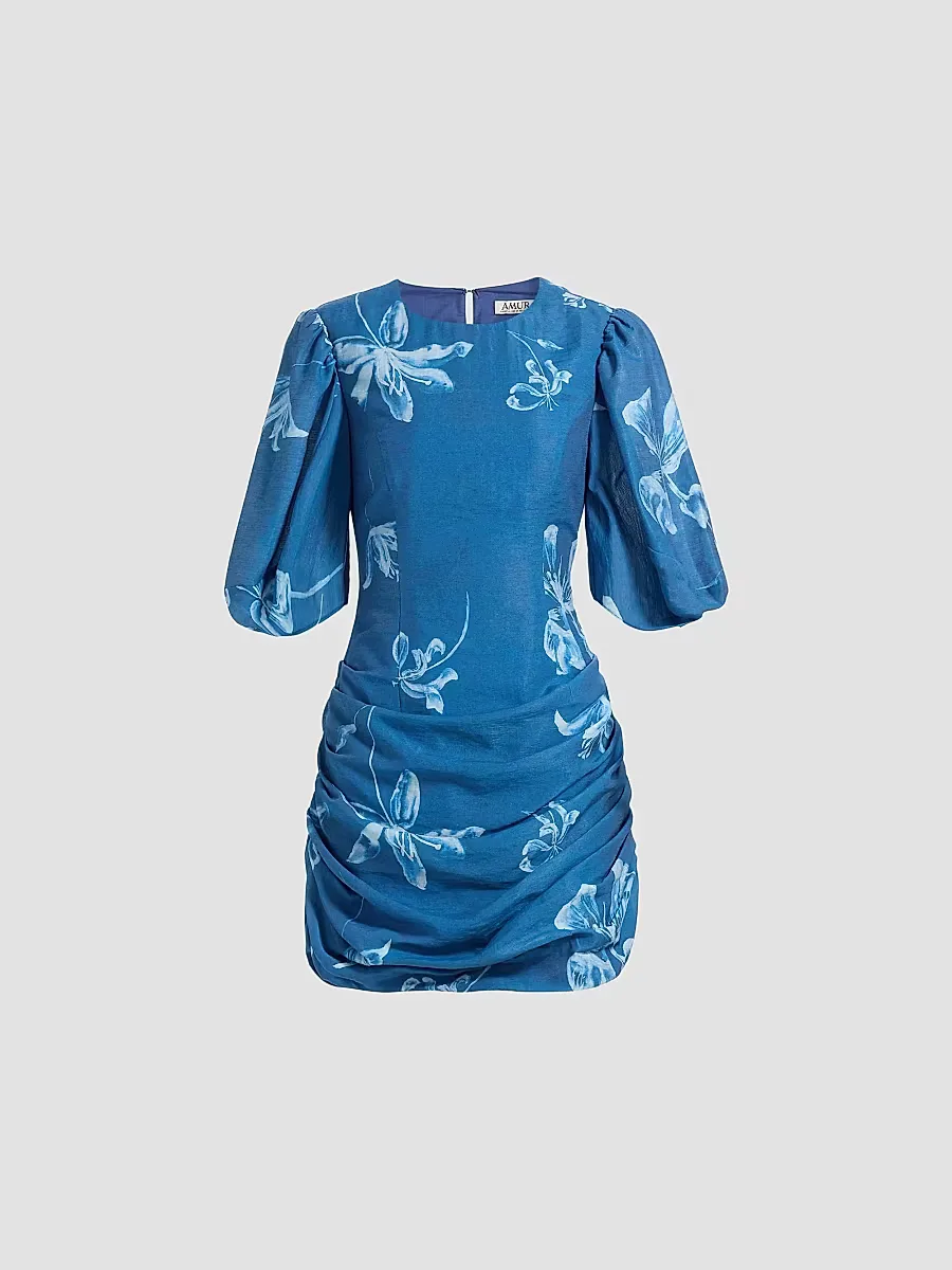 Isola Draped Floral Denim Minidress