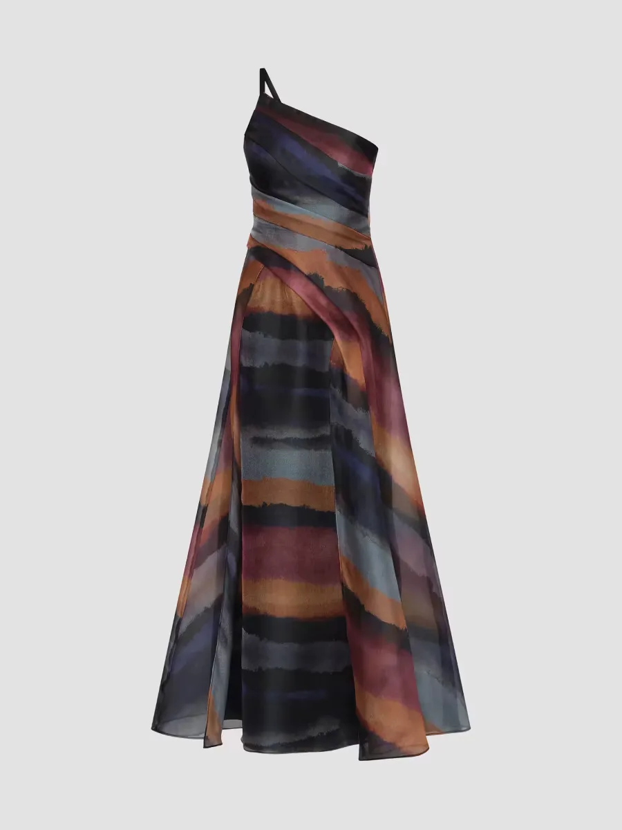 Daniela Watercolor-Print One-Shoulder Gown