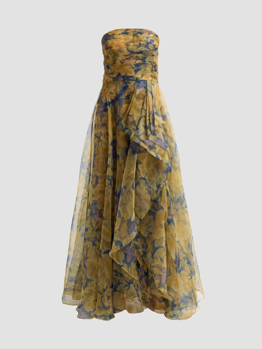 Fahreta Floral Organza Strapless Gown
