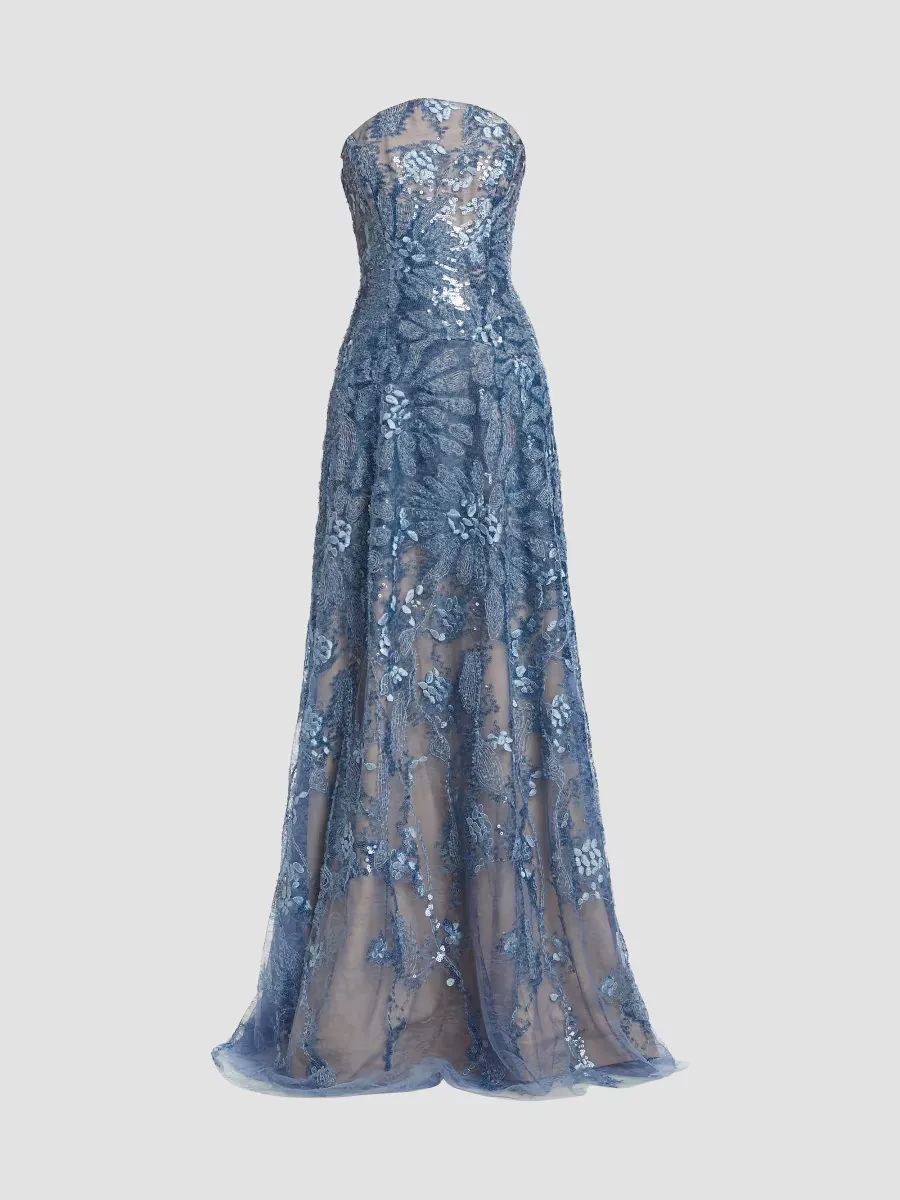 Floral Beaded Strapless A-Line Gown by Rene Ruiz Collection
