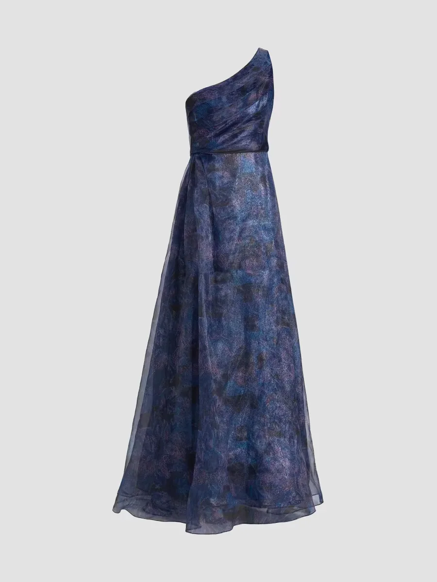 Floral One-Shoulder Organza Gown