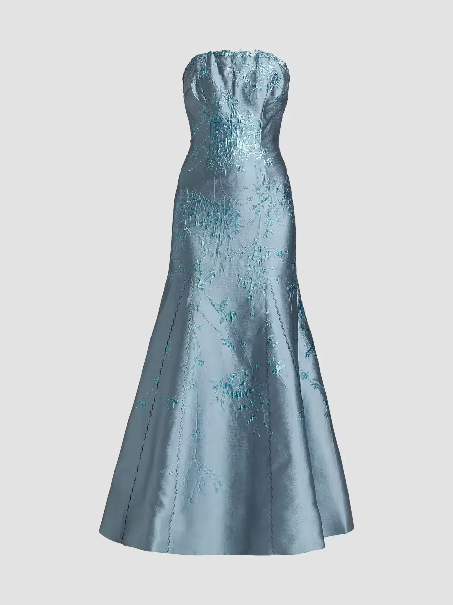 Strapless Jacquard Mermaid Gown by Rene Ruiz Collection