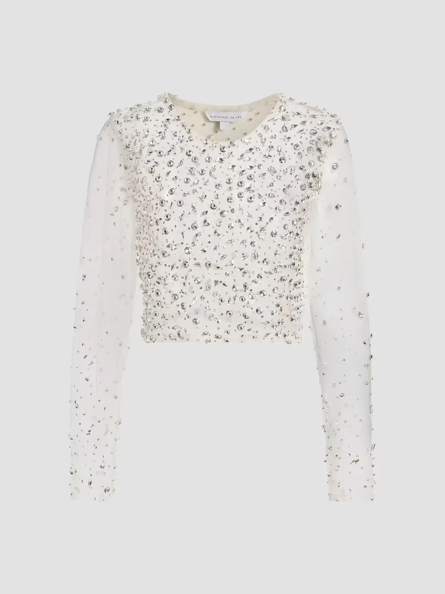 Camille Crystal-Embellished Sheer Crop Top by Mariandree Gaitan