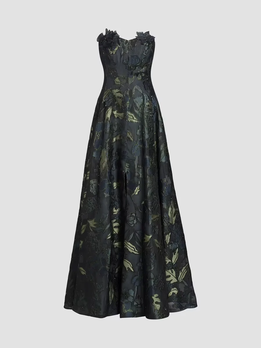 Floral-Appliqu Brocade Sweetheart Gown