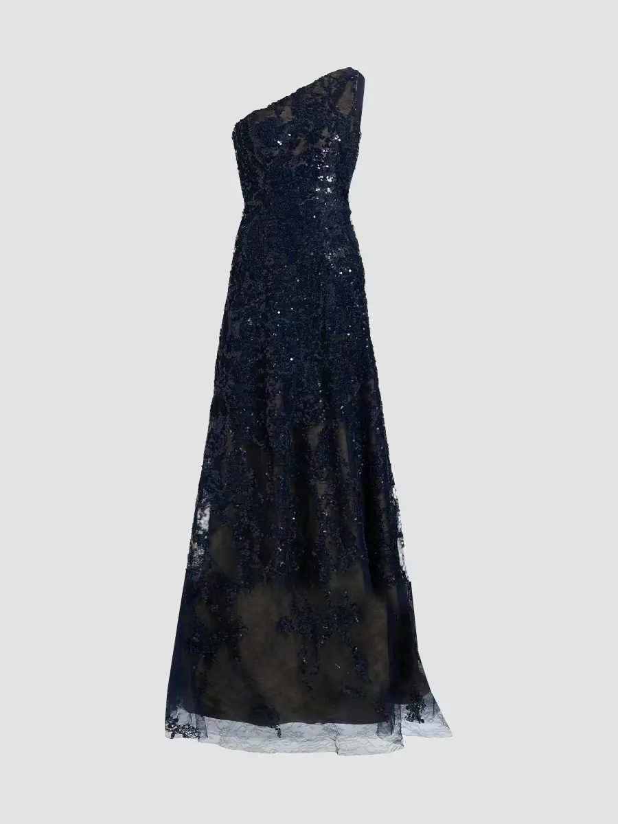 Embellished Tulle One-Shoulder A-Line Gown