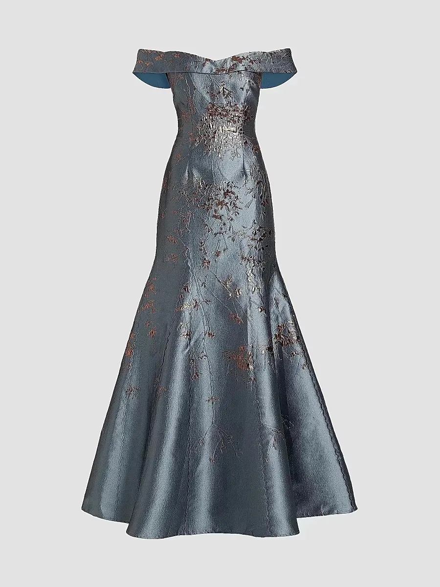 Floral Brocade Off-The-Shoulder A-Line Gown by Rene Ruiz Collection