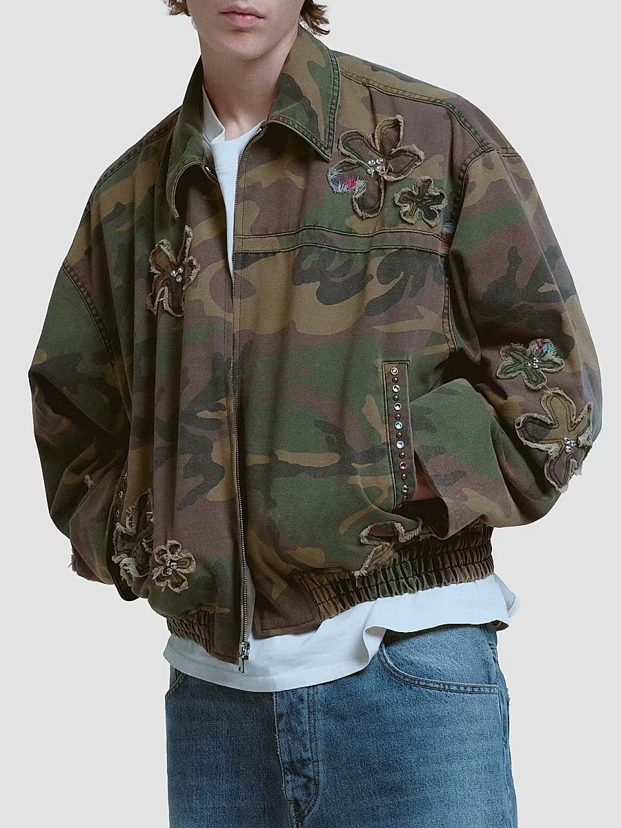 Floral Patch Crystal Camo Bomber Jacket by Nahmias