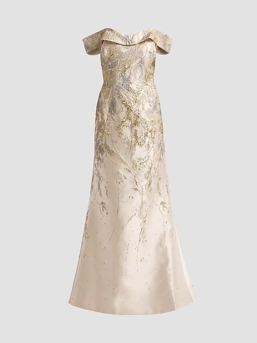 Jacquard Off-the-Shoulder Mermaid Gown by Rene Ruiz Collection