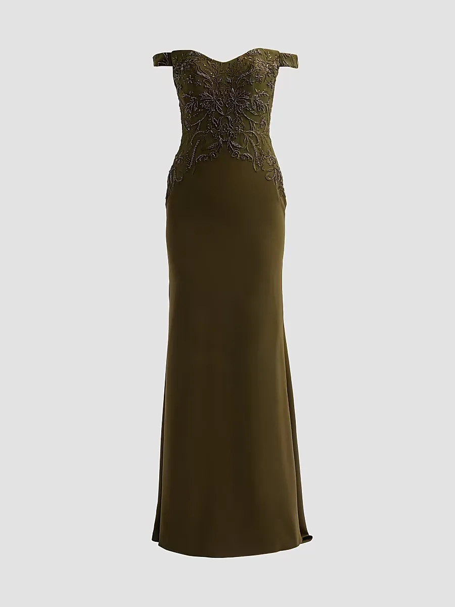 Embroidered Crpe Off-the-Shoulder Gown by Rene Ruiz Collection