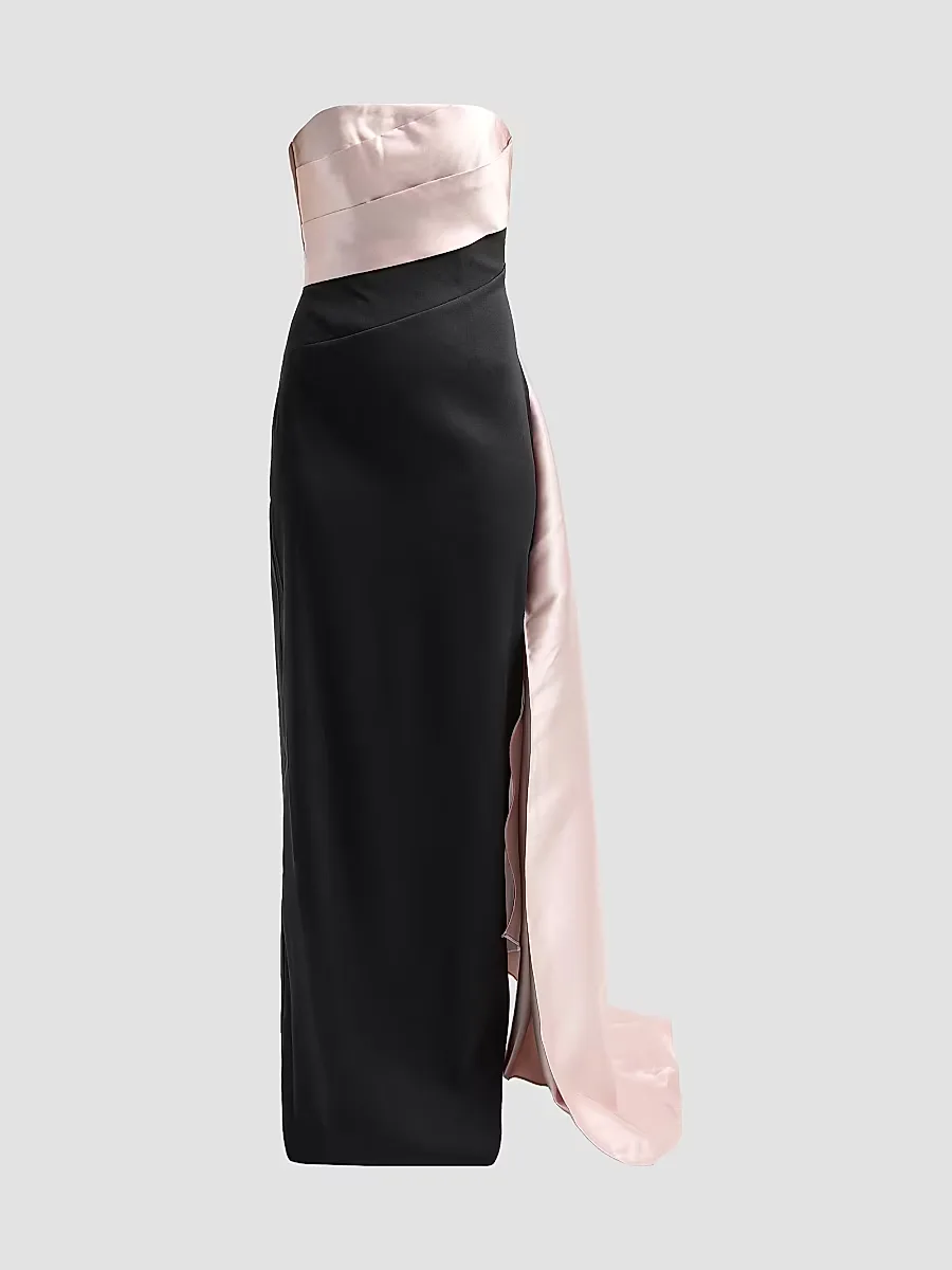 Colorblocked Strapless Satin Gown