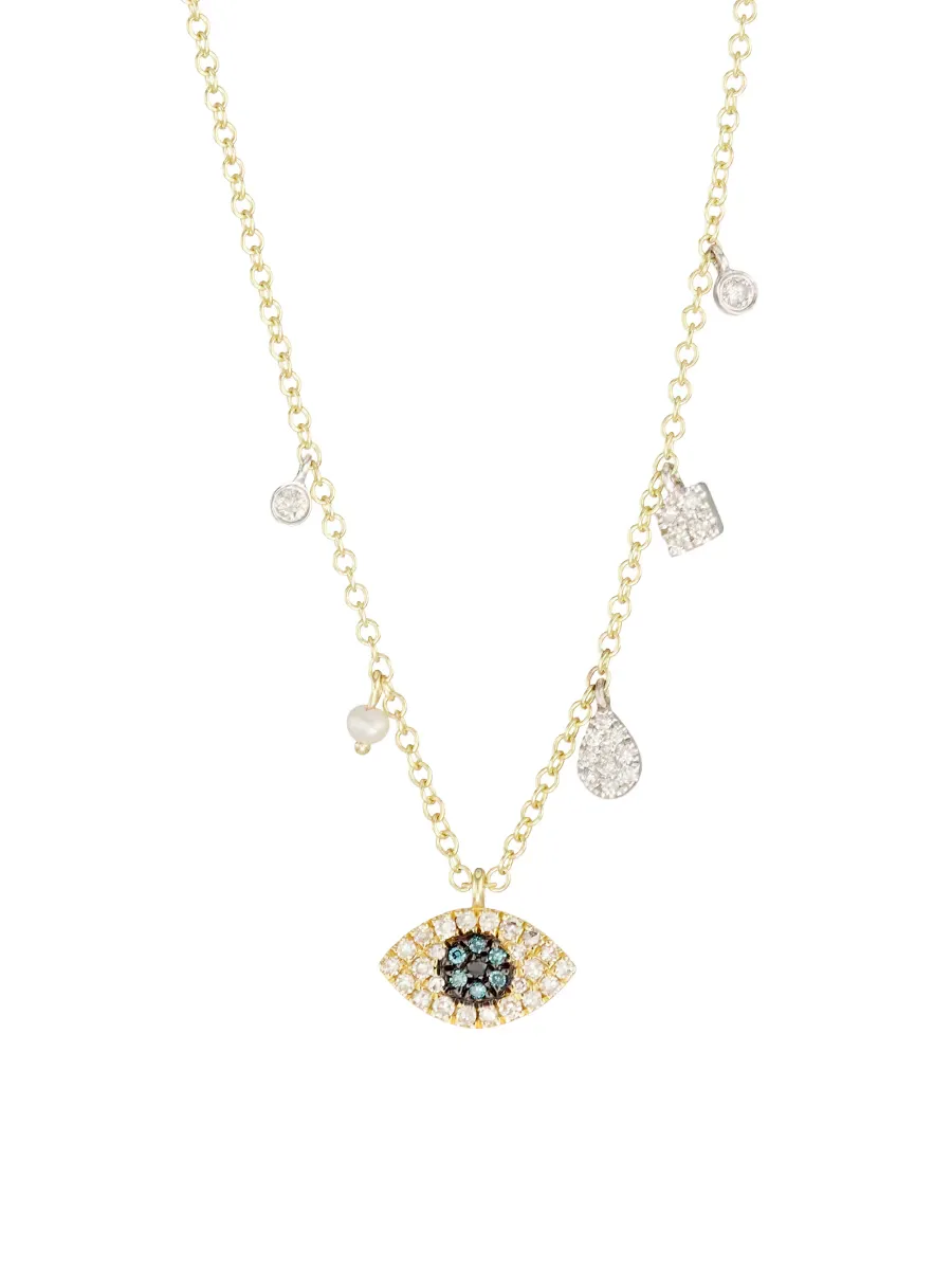 14K Yellow Gold, Diamond & Pearl Evil Eye Pendant Necklace by Meira T