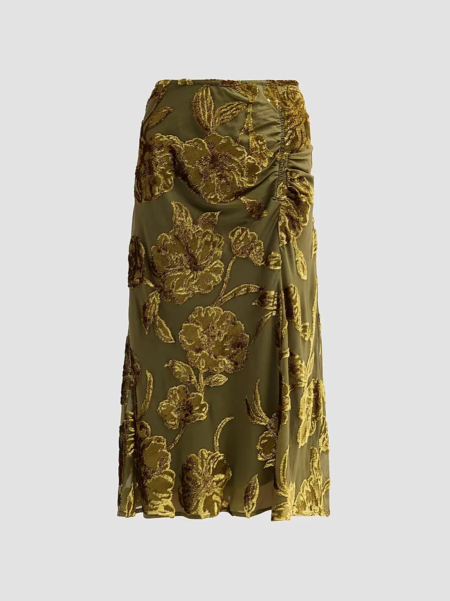 Endora Metallic-Embroidered Ruched Silk Midi Skirt