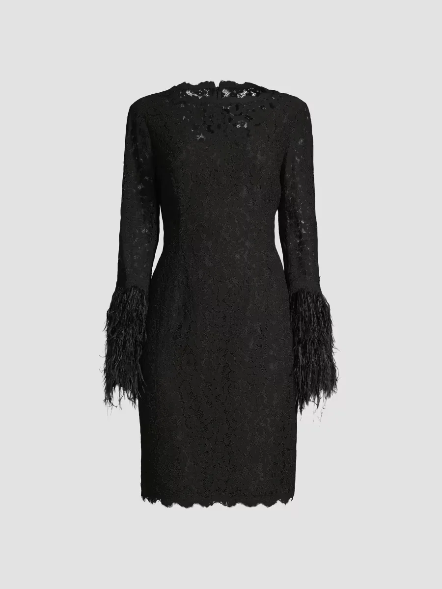 Feather-Trim Lace Sheath Dress by Shani