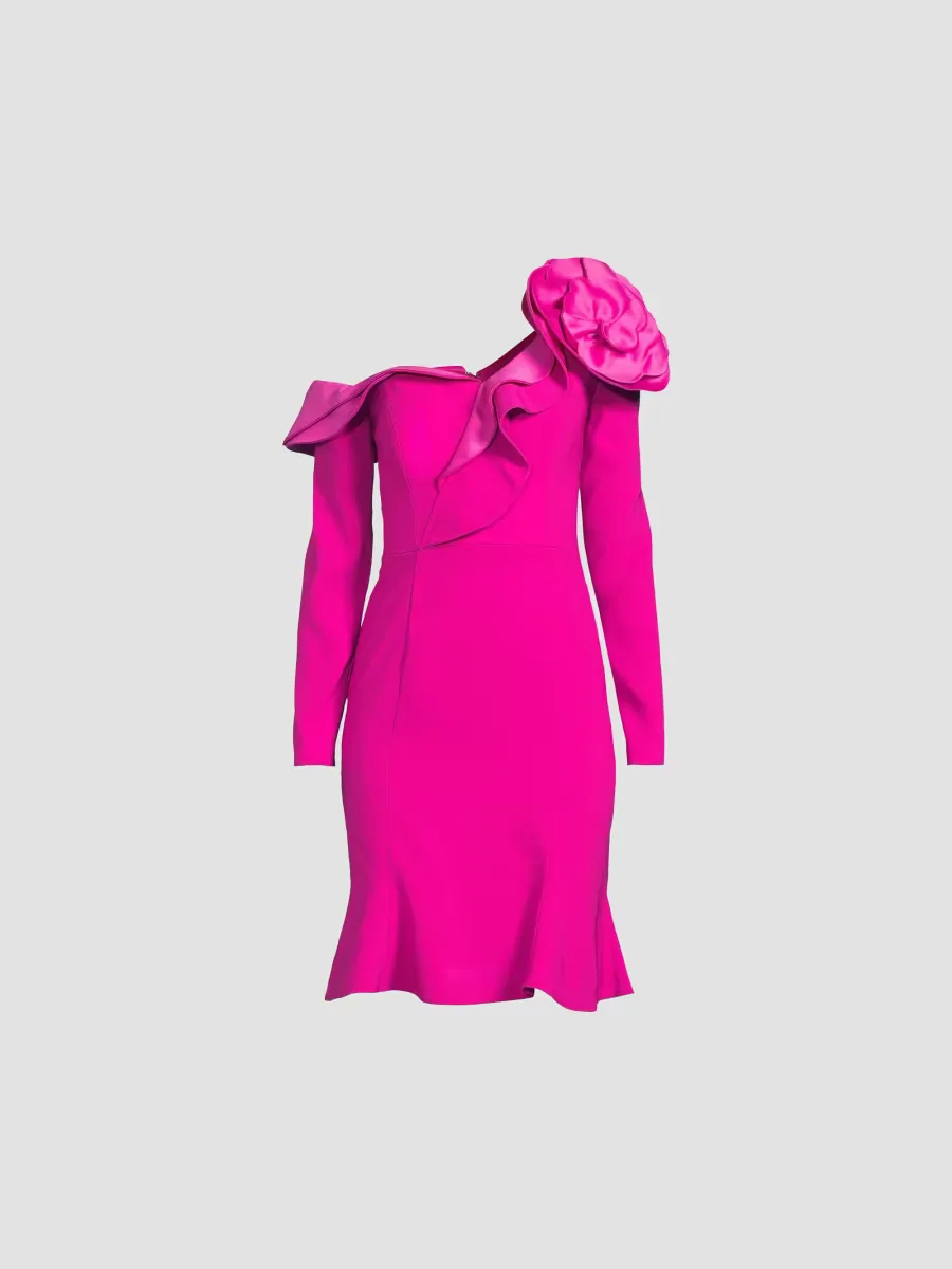 Ruffle Crepe One-Shoulder Knee-Length Dress