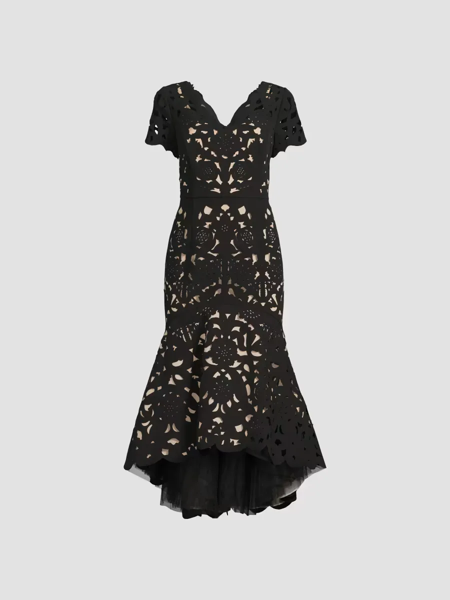 V-Neck Laser-Cut Crepe Midi-Dress by Shani