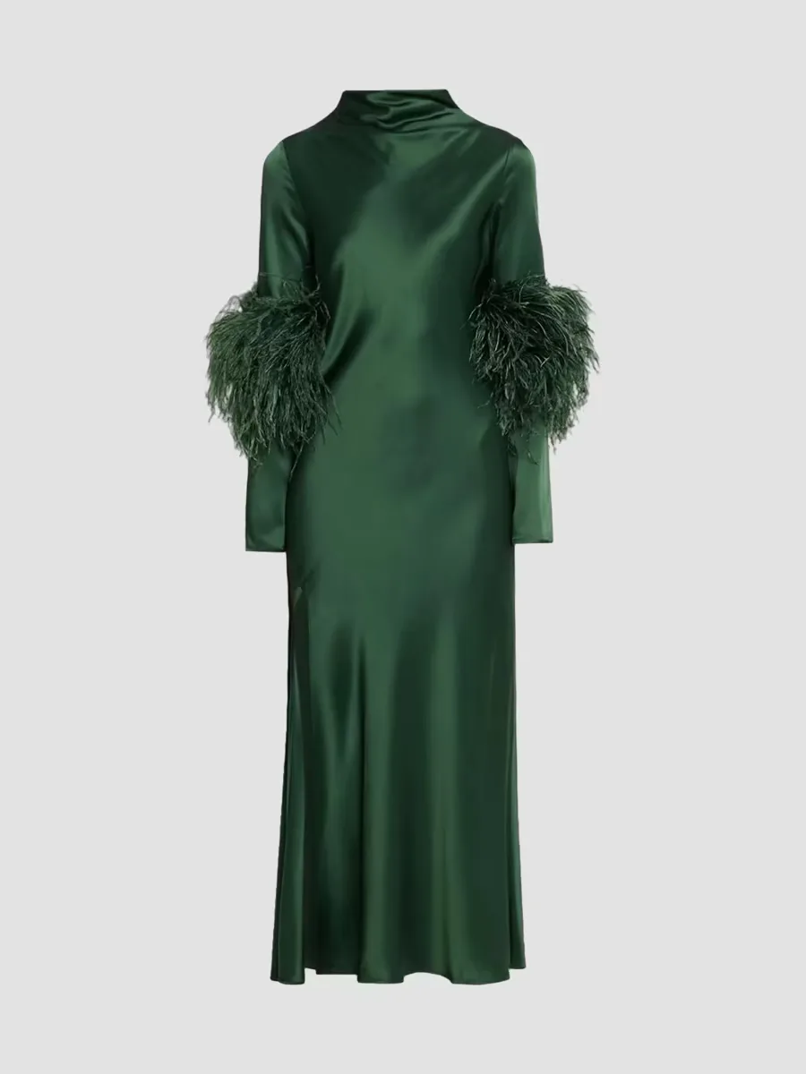 Satin Feather-Trimmed Bias Midi Dress by LaPointe